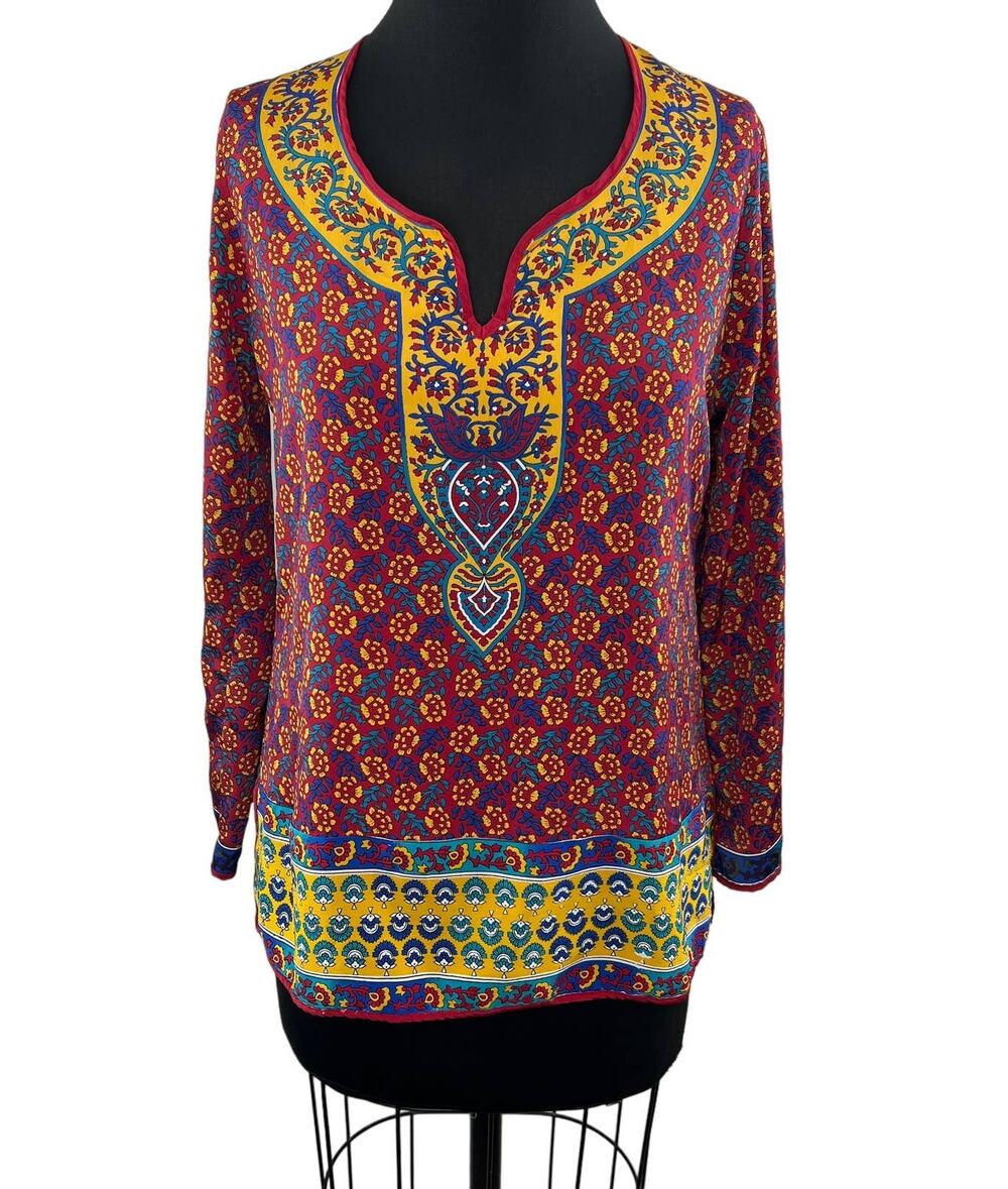 Feathers by TOLANI Red Yellow Multi Floral Kurta Tunic Top Long Sleeve India XS